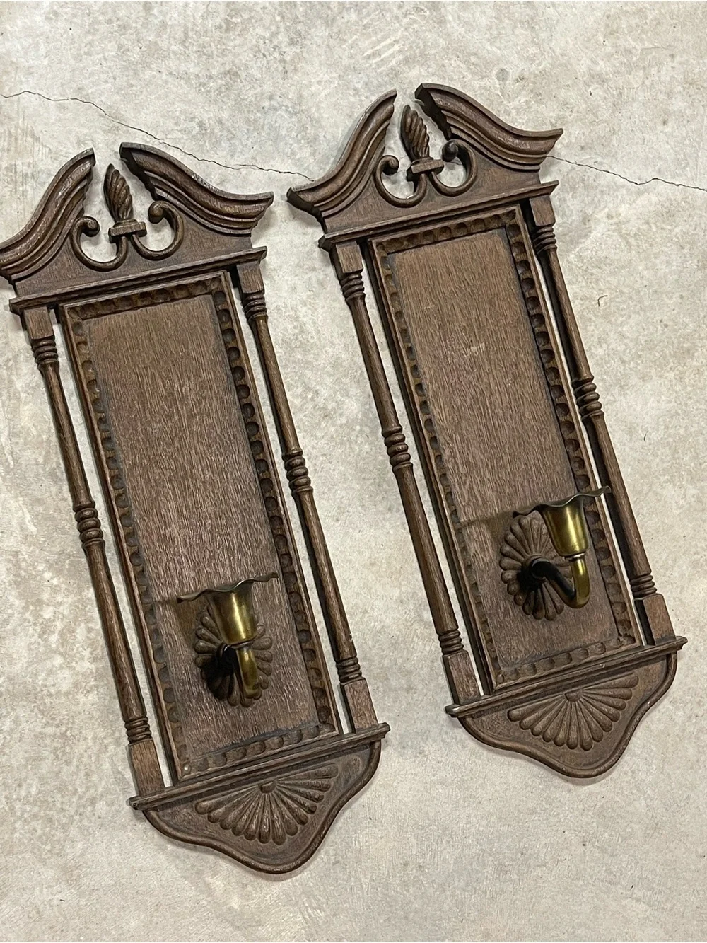 Classic Brown Wood Wall Sconce Pair with Brass Candle Holders